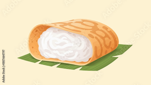 A cylindrical confection with a white filling wrapped in a textured orange layer