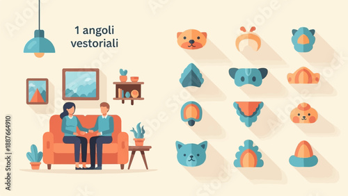 A couple sits on a couch in a living room with various stylized animal faces
