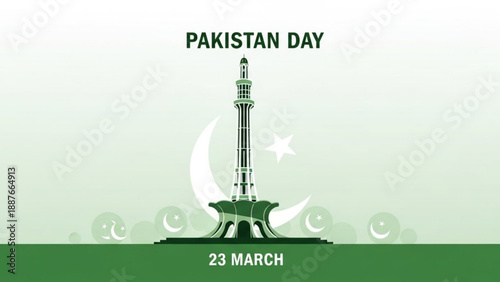 Pakistan Day Minar-e-Pakistan Illustration with Crescent Moon and Star on 23 March