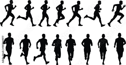 Running man silhouettes set showing male athlete jogging and sprinting from side and front views, dynamic runner figures isolated on white background