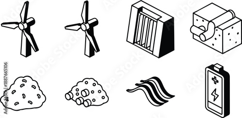 Isometric line art set of renewable energy icons including two wind turbines dam intake battery wave pile and modular filter block in outline black and white