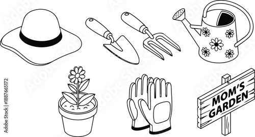 Line art garden icon set showing wide brim hat small trowel hand fork watering can potted flower gardening gloves moms garden sign top view black outline