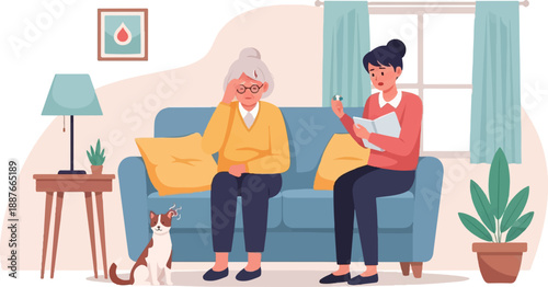 A caregiver offers a pill to an unwell elder sitting on a couch with a dog nearby