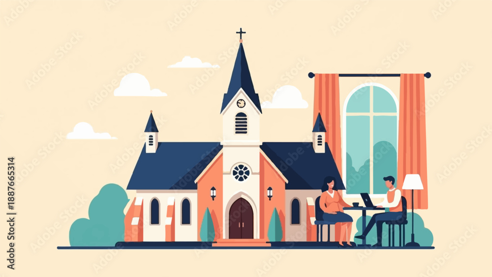 Fototapeta premium A digital illustration of a church with two people working indoors