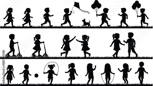 Children silhouettes set showing boys and girls running, playing with kites, balloons, scooters and skipping rope, joyful kids outdoors isolated on white background
