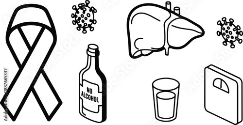 Line art flat design set of liver health icons showing no alcohol bottle awareness ribbon liver organ glass of water weight scale virus markers black outline