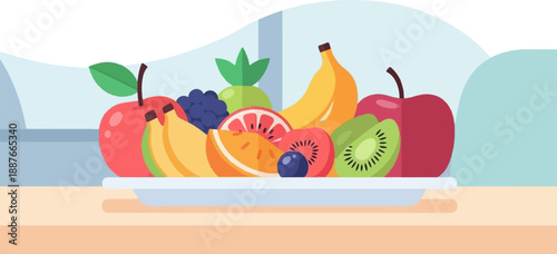 A colorful assortment of fresh fruits artfully arranged in a white platter