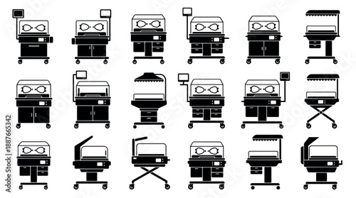 Collection of Medical Incubator Silhouettes for Neonatal Care.