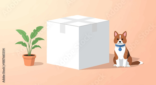 A cute dog sits next to a potted plant and a large white box