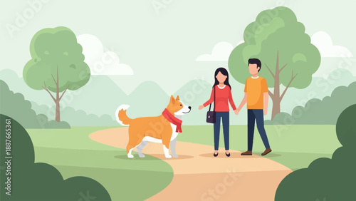 A couple walks their dog in a park with trees and soft clouds