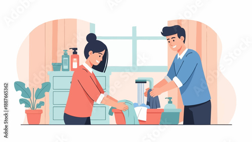 A couple washes clothes by hand in a brightly lit room with a plant