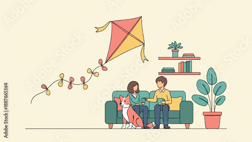 A couple with a dog relaxes on a couch while a kite flies above