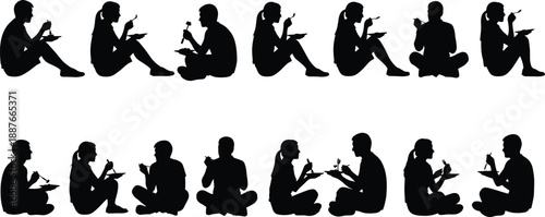 People eating silhouettes set showing men and women sitting and enjoying meals together, black human figures with food isolated on white background