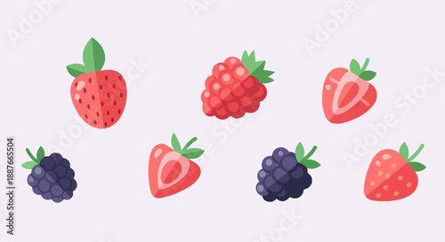 A colorful collection of stylized strawberries, raspberries, and blackberries