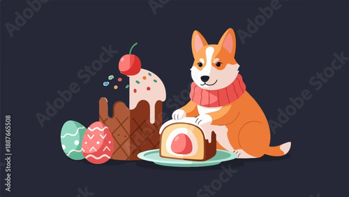 A cute corgi dog with a red scarf prepares to eat a slice of cake
