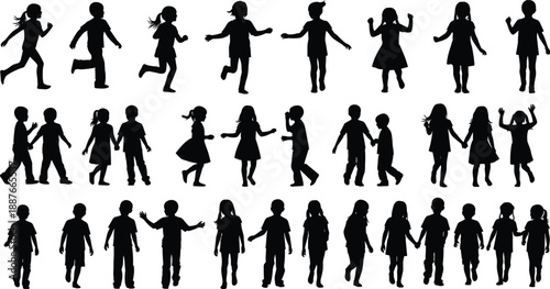 Children silhouettes set showing boys and girls running, walking, dancing and holding hands, playful kid figures in various poses isolated on white background