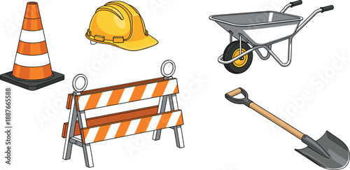 Construction safety equipment illustration set with traffic cone helmet barrier wheelbarrow and shovel for roadwork projects