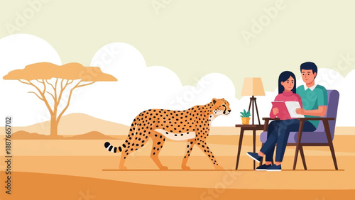A cheetah walks past a couple reading a book indoors, with a savanna tree outside