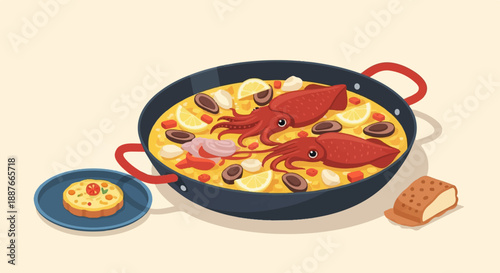 A colorful pixel art depiction of a seafood paella in a pan