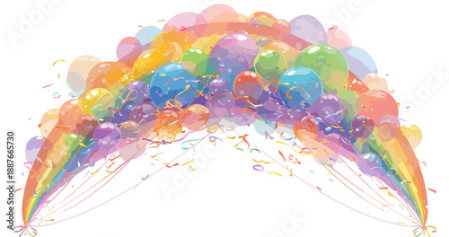 Tęczowy łuk z kolorowych balonów i konfetti na przezroczystym tle, dekoracja imprezowa.