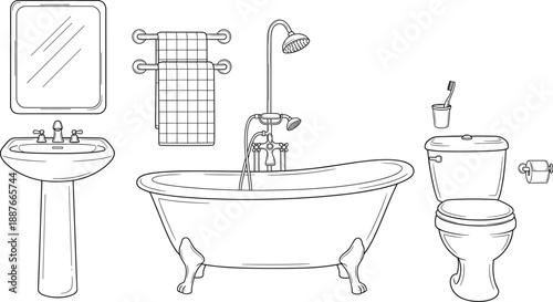 Bathroom interior outline illustration set with bathtub sink toilet mirror towel rack and shower fixtures