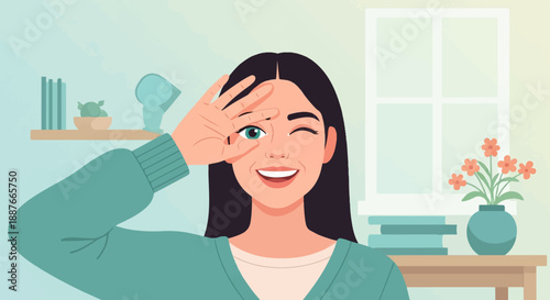 A cheerful woman winks, peeking through her hand in a cozy room setting