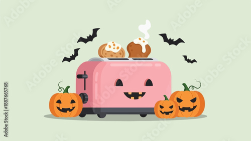 A cheerful pink toaster with a carved pumpkin face, surrounded by jack-o'-lanterns and flying bats