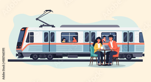 A contemporary train car with passengers and people enjoying coffee outdoors
