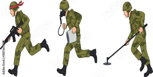 Vector illustration of army soldiers in camouflage gear running with rifle gas mask and detector.