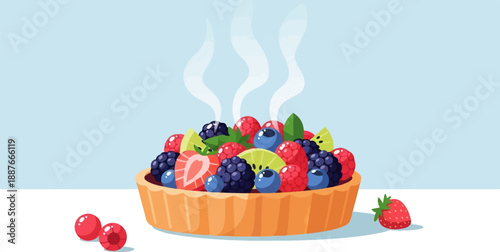 A delicious berry tart with steam rising from fresh fruit on a pale blue background