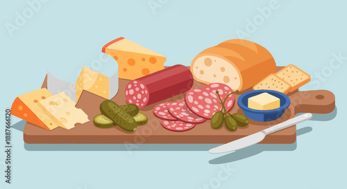 A charcuterie board with various cheeses, bread, cured meats, and pickles