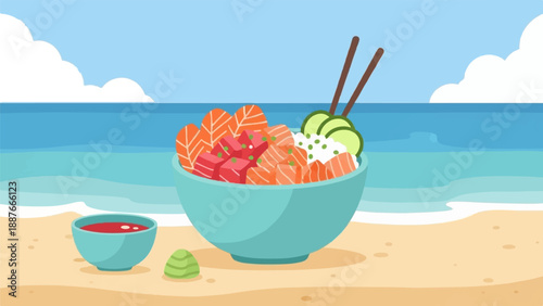 A delicious fish bowl meal is served on a sandy beach beside the ocean