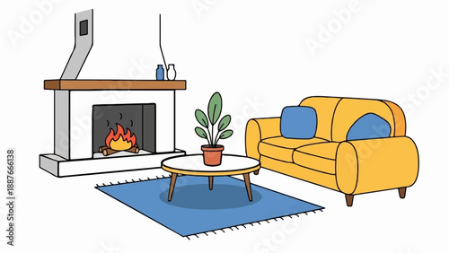 A cozy living room scene with a warm fireplace, comfy sofa, and plant