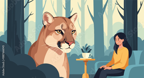 A cougar observes a woman seated in an armchair in a forest