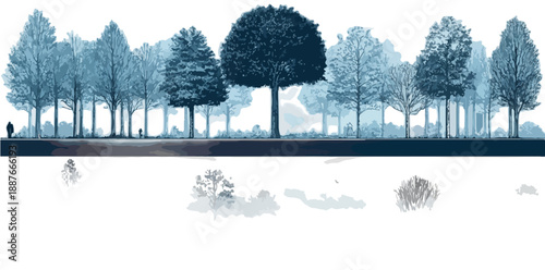 Minimalistyczna grafika lasu z drzewami i ich odbiciem w wodzie na przezroczystym tle.