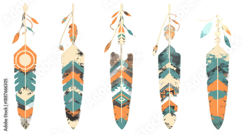 Zestaw pięciu stylizowanych piór w etnicznym stylu boho z elementami graficznymi na przezroczystym tle.