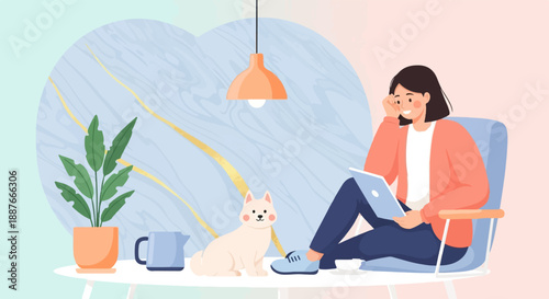 A cozy scene of a person working on a laptop with a cat and plant nearby