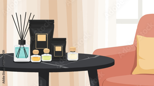 A cozy room with scented diffuser, oils, and a chair