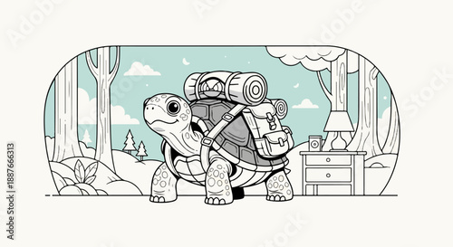 A cartoon tortoise with a backpack embarks on a forest adventure
