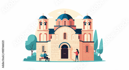 A cartoon style illustration of an orthodox church with two people reading