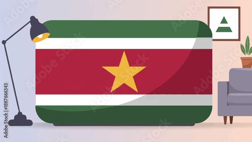 A cartoon style interior scene features a stylized flag and comfortable furnishings