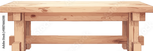 Solidny drewniany stół lub ława z jasnego drewna na białym tle, idealny do kompozycji.
