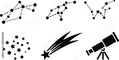 Flat design top view constellation icons dotted lines star cluster comet shooting star and telescope vector set simple monochrome astronomy symbols connected dots round nodes scalable