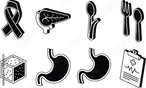 Minimalist medical icon set stomach pancreas sugar cube awareness ribbon cutlery spoon fork clipboard lineart black and white vector art for health diagrams simple icons pack