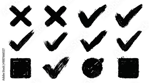 Zestaw ręcznie rysowanych pędzlem symboli wyboru i odrzucenia, idealny do projektów graficznych na przezroczystym tle.