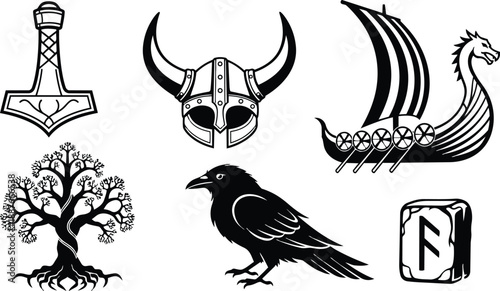 Line art close up viking helmet with horns mjolnir hammer norse raven perched by yggdrasil tree and dragon longship with rune tile bold silhouette style icons
