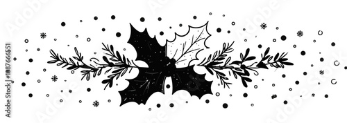 Czarno-biała, ręcznie rysowana grafika ostrokrzewu i gałązek jodły z opadającym śniegiem, idealna na tło.