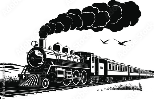 Vintage steam locomotive train blowing thick black smoke on railway tracks with birds and landscape scenery.