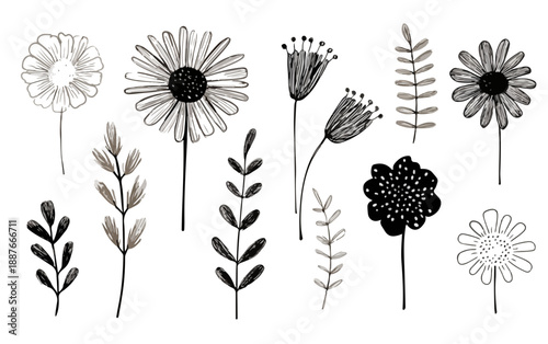 Zestaw ręcznie rysowanych kwiatów i liści w stylu szkicu na przezroczystym tle, idealny do dekoracji.