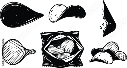 Engraving style close up assorted potato chips inside opened snack bag with ridged broken pieces scattered top view hand drawn monochrome vintage textured isolated vector illustration